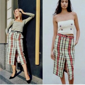 zara cotton midi plaid check pink red green skirt xl